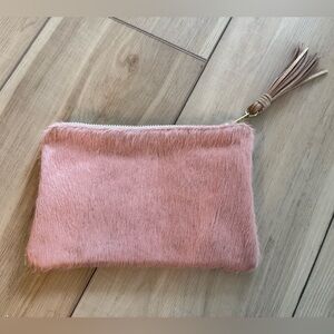 Parker and Hyde Winter Pink Faux Fur Clutch with gold tassel with orange accent